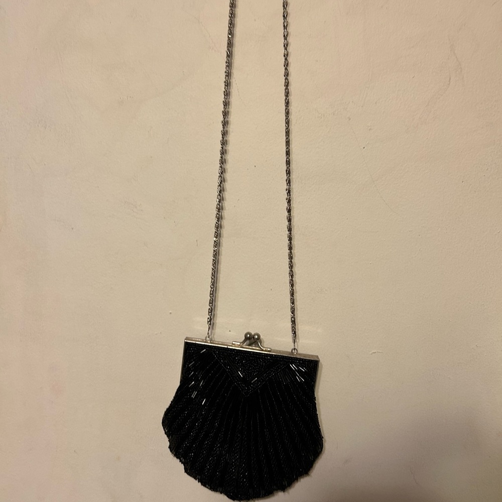 Vintage black hand embellished shell beaded cocktail purse bag